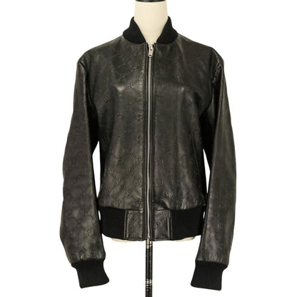 Gucci Michele Era GG Embossed Leather Bomber Jacket 44 Black