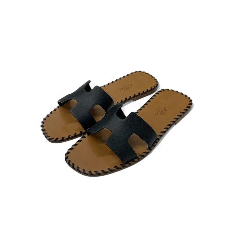 Hermes Oran Sandals Shoes Leather Black Brown Stitch Flat Mules