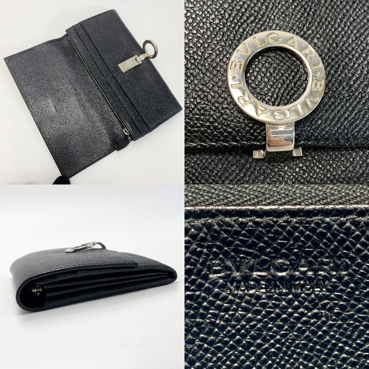 Bvlgari Leather Logo Clip Black Bifold Long Wallet Ladies