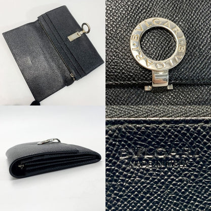 Bvlgari Leather Logo Clip Black Bifold Long Wallet Ladies