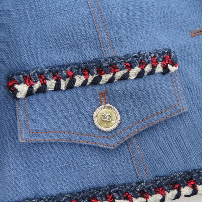 Chanel Collarless Jacket Coco Mark Denim Jacket Cotton Tricolor 1371 Chanel