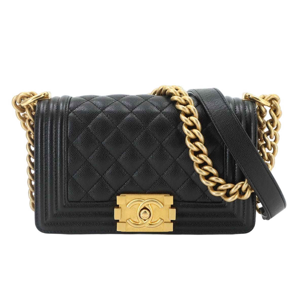 Chanel Boy Small Chain Shoulder Bag Caviar Leather Black Gold