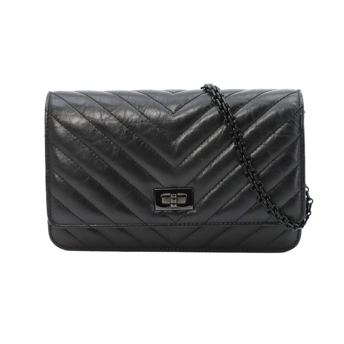 Chanel 2.55 Chain Wallet Leather Black Chez Blanc Stitch