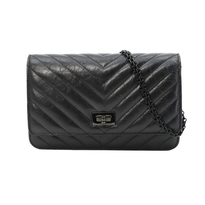 Chanel 2.55 Chain Wallet Leather Black Chez Blanc Stitch
