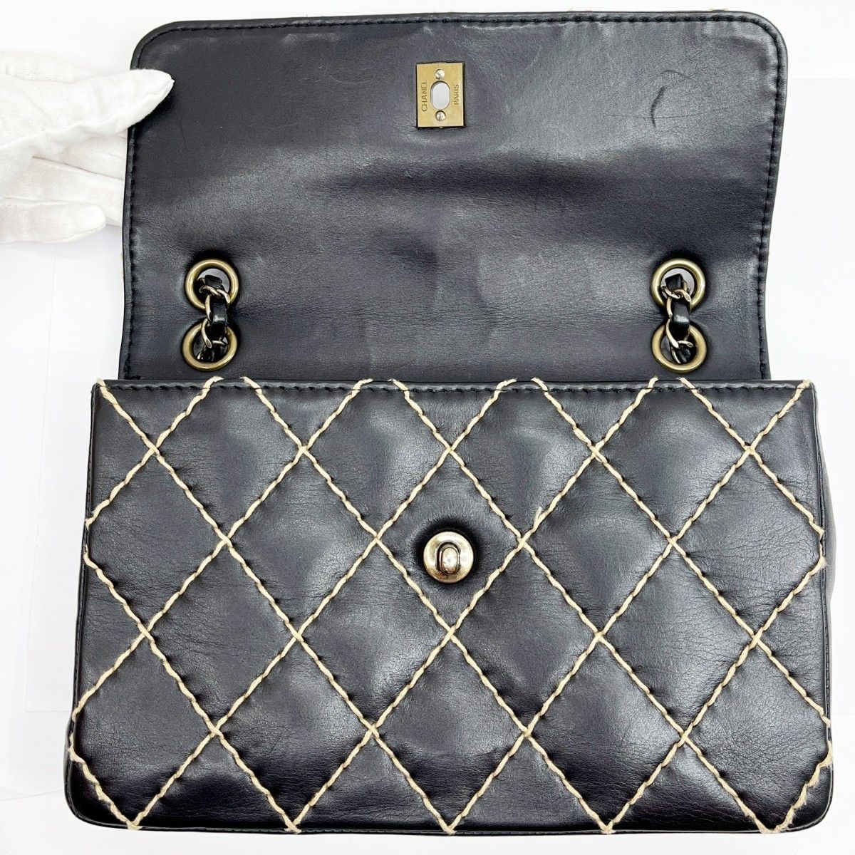 Chanel Matelasse Wild Stitch Shoulder Bag W Chain Black X Ivory