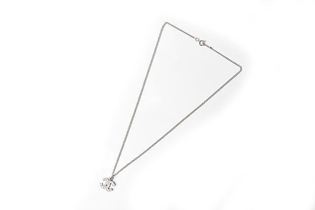 Chanel Necklace Pendant Chanel Coco Mark CC Rhinestone Silver White