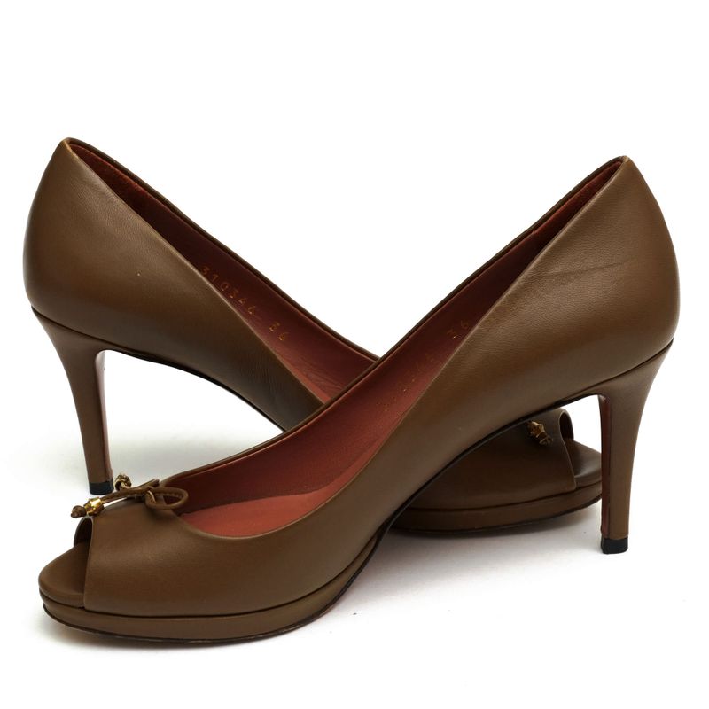 Gucci Pumps Shoes Women Leather Genuine Brown 310346 Open Toe Leather Sole