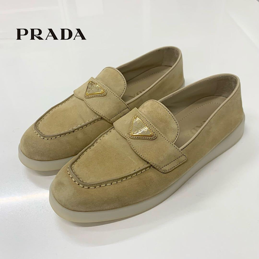 Prada Suede Triangle Logo Loafers Beige