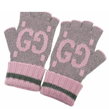 Gucci Fingerless Gloves Pink Gray Cashmere GG Logo