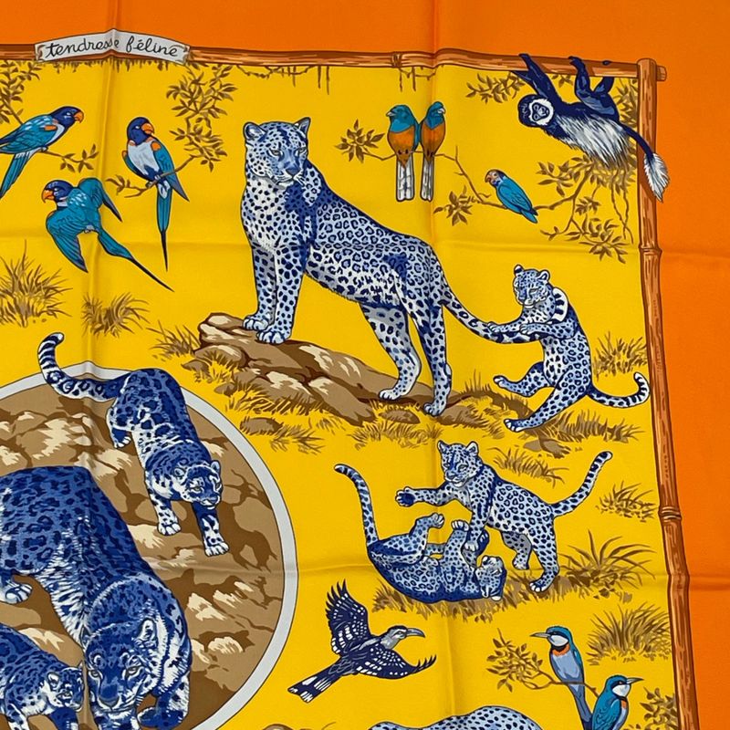 Hermes Carre 90 Tendresse Feline Wild Gentleness Scarf Silk Orange