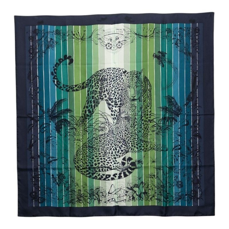 Hermes Carre 90 Jungle Love Scarf Large Green Navy Multicolor Silk