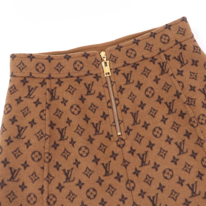Louis Vuitton 22SS Wool Silk Monogram LV Gold Button Trapeze Miniskirt Brown 40