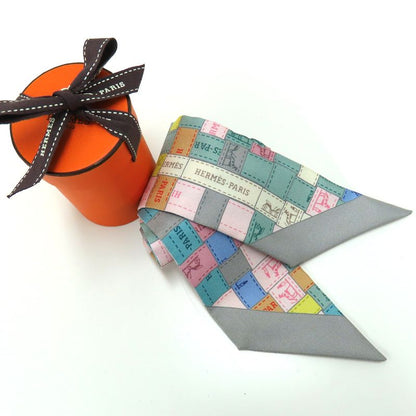 Hermes Twilly - Bolduc Check Scarf Gray - Multicolor - 100% Silk