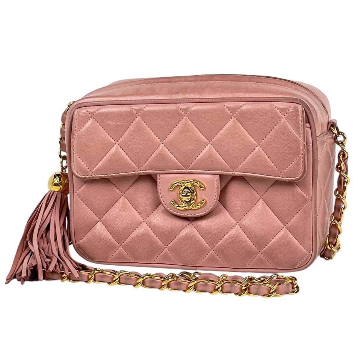 Chanel CC Logo Chain Shoulder Bag Fringe Leather Pink