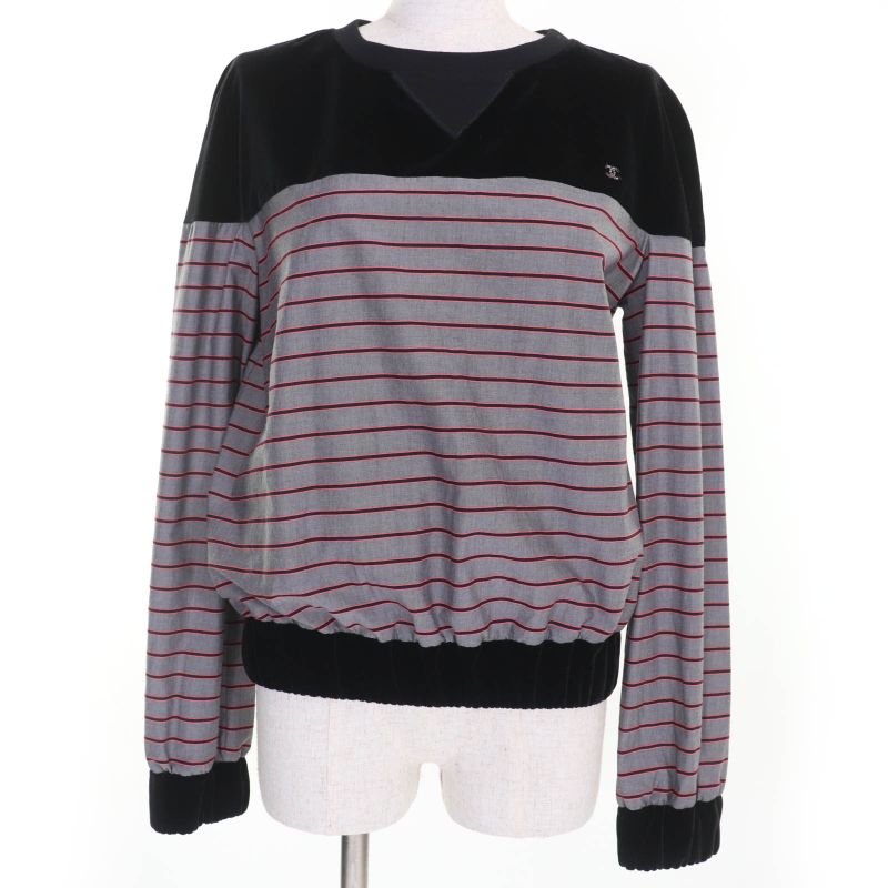 CHANEL 22AW P73405v64996 Coco Mark Striped Velvet Paneled Top Black 36 Made In