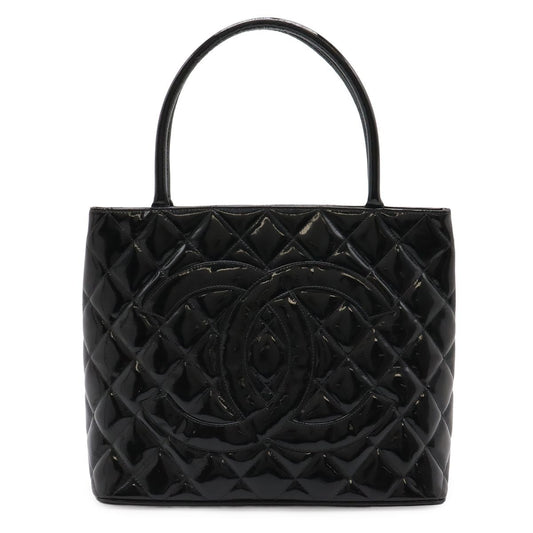 Chanel Quilted CC Logo Medallion Tote Shoulder Bag Enamel Leather Black
