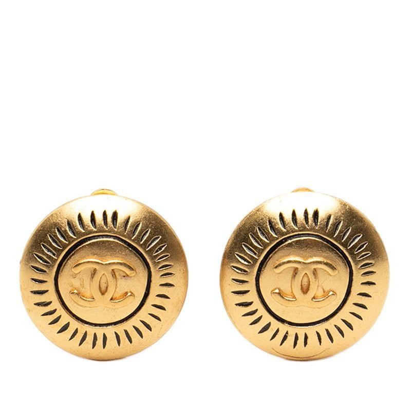 Chanel CC Logo Vintage Round Earrings Gold Plated