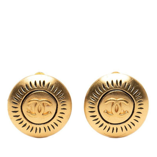 Chanel CC Logo Vintage Round Earrings Gold Plated