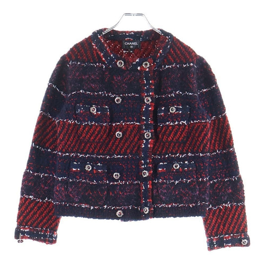 Chanel Tweed Jacket Silk Alpaca Blend No Color Navy Red