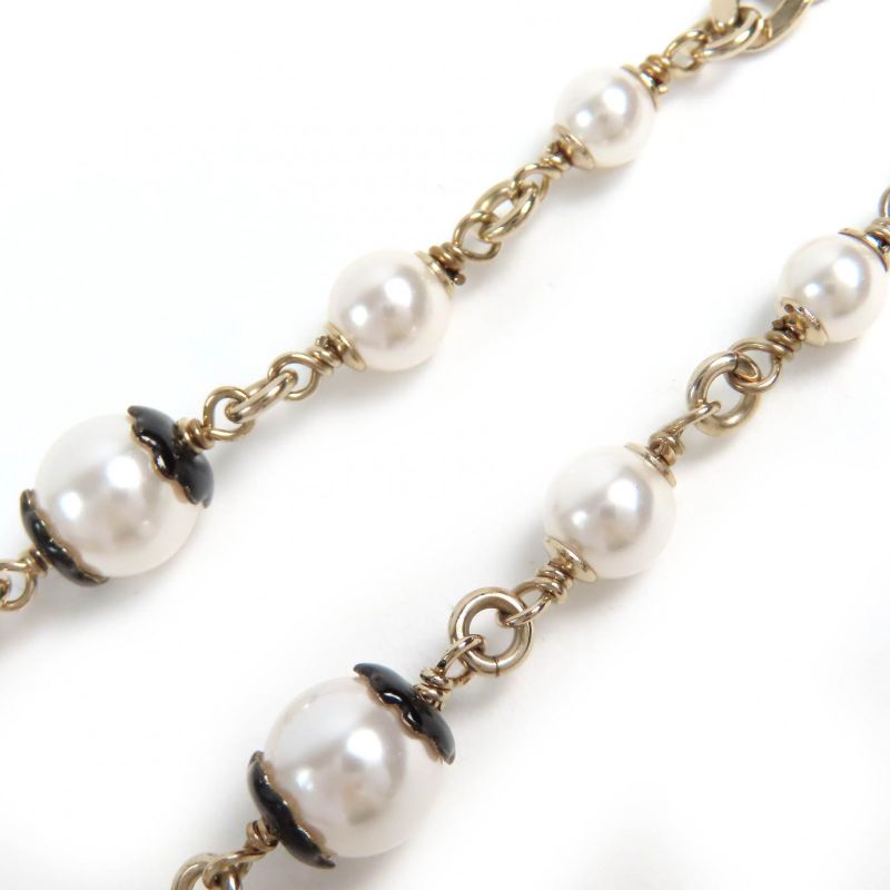 CHANEL Abe157 C24B Coco Mark Pearl Costume Necklace Choker Gold Black White