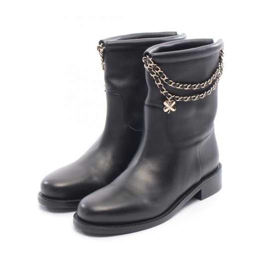 Chanel Boots CC Logo Chain Short Black Leather