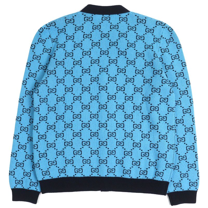 Gucci 2020 661156 Wool Cotton GG Pattern V-neck Logo Button Knit Cardigan Blue