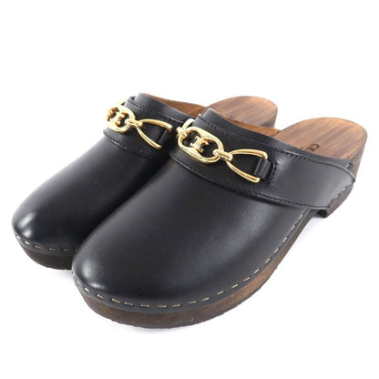 Celine Cwza09 Triomphe Bit Wood Sole Leather Sabo Sandals Black Gold Hardware