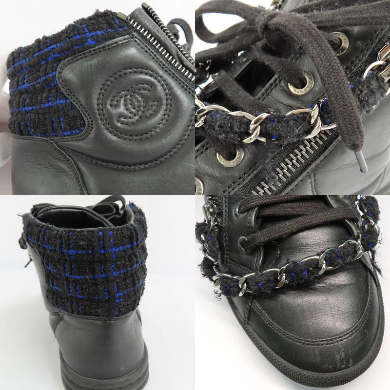Chanel High Cut Sneakers Chain Double Zip 37 Coco Mark Black Leather