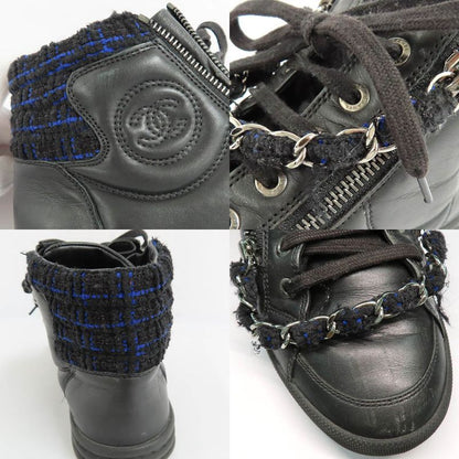 Chanel High Cut Sneakers Chain Double Zip 37 Coco Mark Black Leather