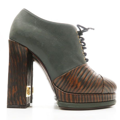 Chanel Booties Chunky Heel 14A G30128 C7257 Lace-up #36 Leather Wood-like