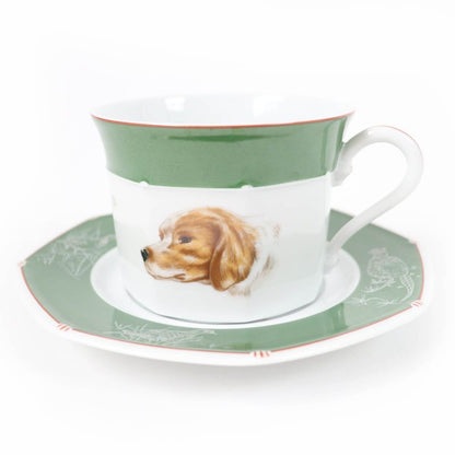 Hermes Pottery Cup And Saucer English Setter Dog Pattern Set Of 2 Green White