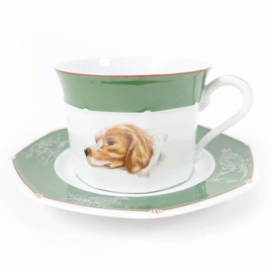 Hermes Pottery Cup And Saucer English Setter Dog Pattern Set Of 2 Green White