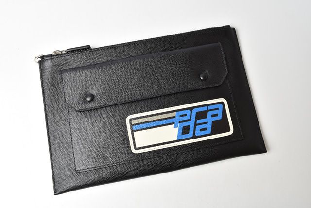 Prada Clutch Bag Travel Pouch Men's Prada Saffiano Patch Patchwork Black Azzurro