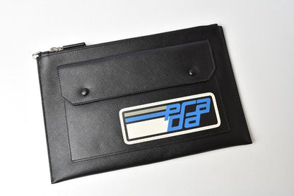 Prada Clutch Bag Travel Pouch Men's Prada Saffiano Patch Patchwork Black Azzurro