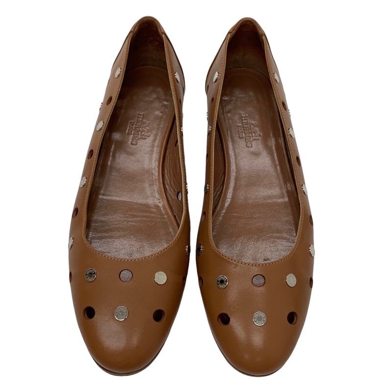 Hermes Flat Shoes Leather Brown Silver Punching Serie Button