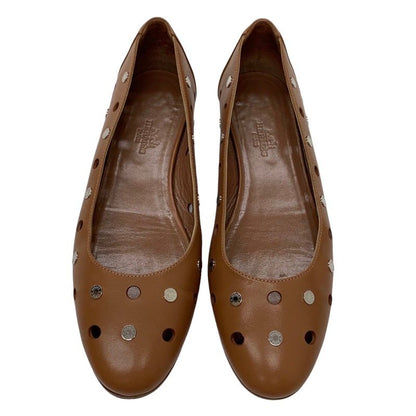Hermes Flat Shoes Leather Brown Silver Punching Serie Button