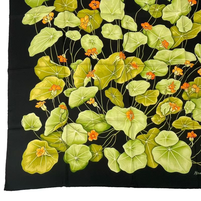 Hermes Carre 90 Silk Scarf LES Capucines Golden Lotus Flower Black