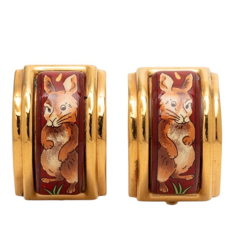 Hermes Rabbit Enamel Earrings Gold Multicolor Plated