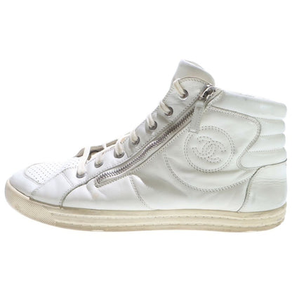 Chanel CC Logo Side Zip High Cut Sneakers White