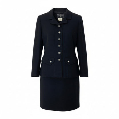 Chanel C Vintage Skirt Set Tailored Jacket 40 Black Silk