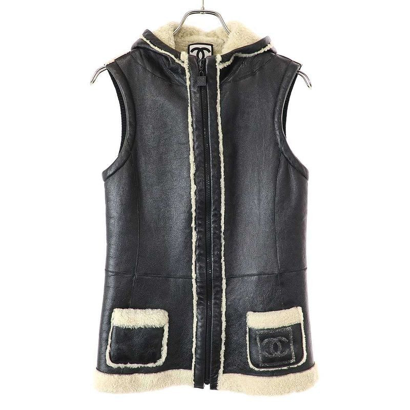 Chanel 2008 AW Sport Line Sher Ring Mouton Hooded Vest Black 38