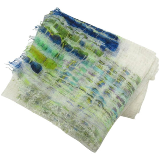 Chanel CC Logo Large Shawl Cashmere Silk Green Blue White