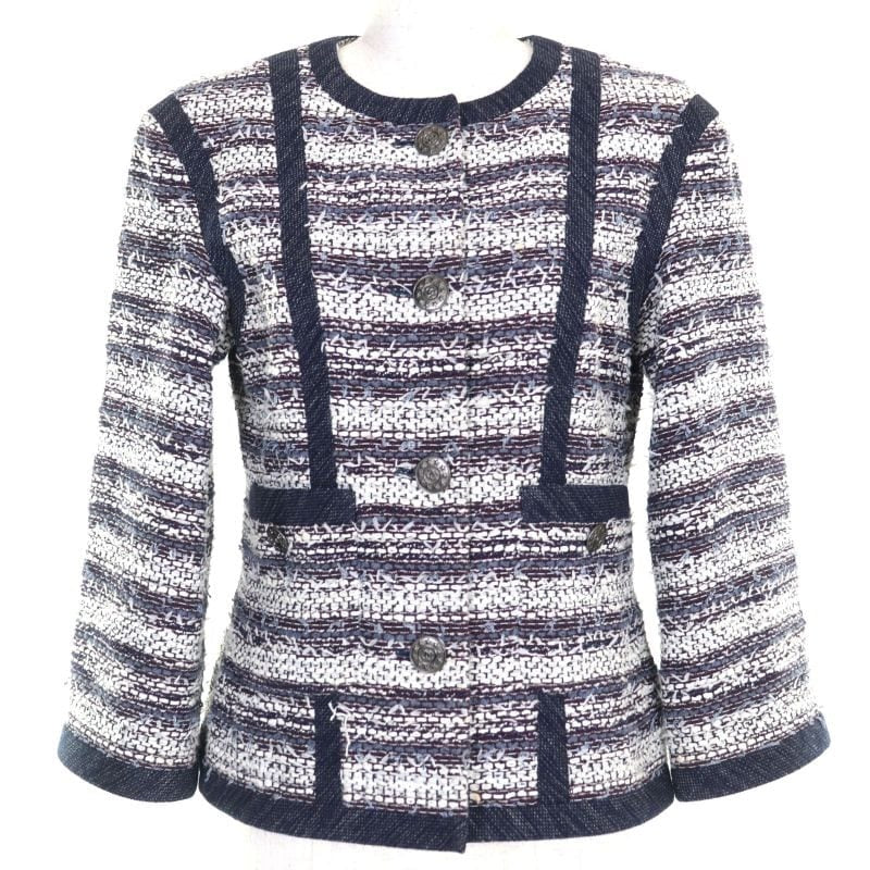 Chanel Cotton Lined 100% Silk Tweed Collarless Jacket With Coco