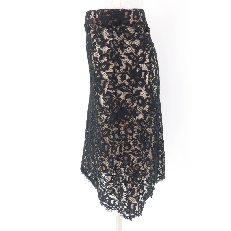CHANEL P64618v60643 100% Silk Lined Full Lace Skirt With Lion Hardware Black 38