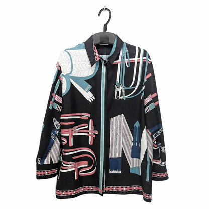 Hermes Blouse Silk Black White Blue Pink 36 Long Sleeve