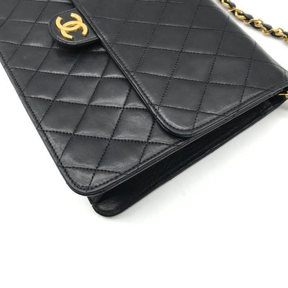 Chanel CC Logo Lambskin Leather Quilted Push Lock Chain Shoulder Bag Black