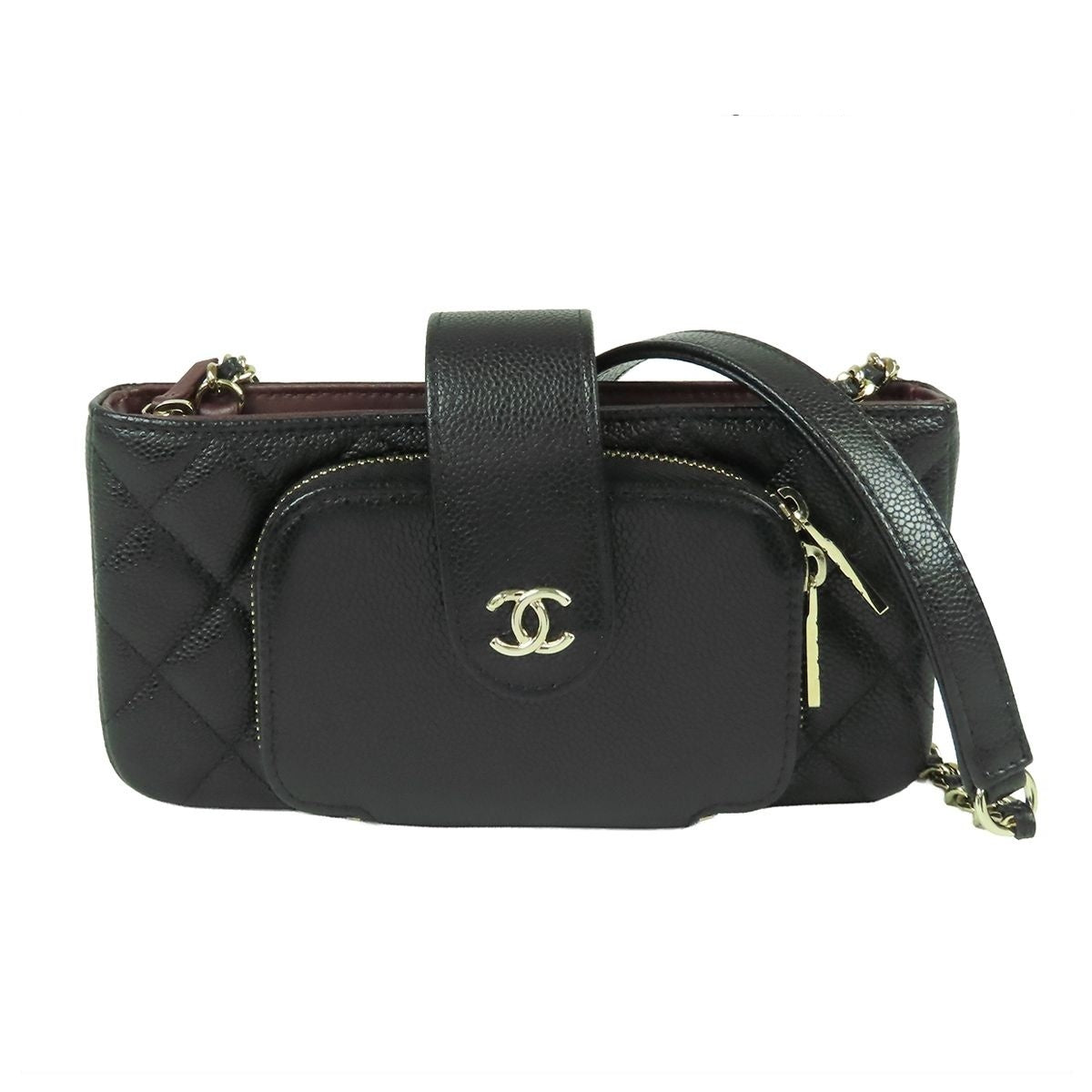 Chanel Phone Case Black Gold Caviar Leather Quilted CC Logo Chain
