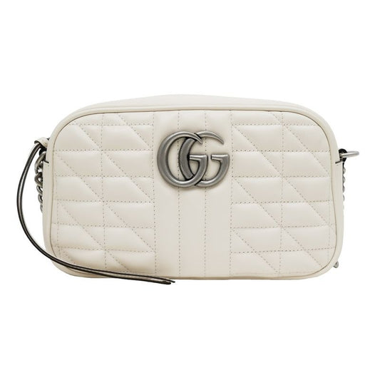 Gucci GG Marmont Shoulder Bag Beige Black Quilted Canvas