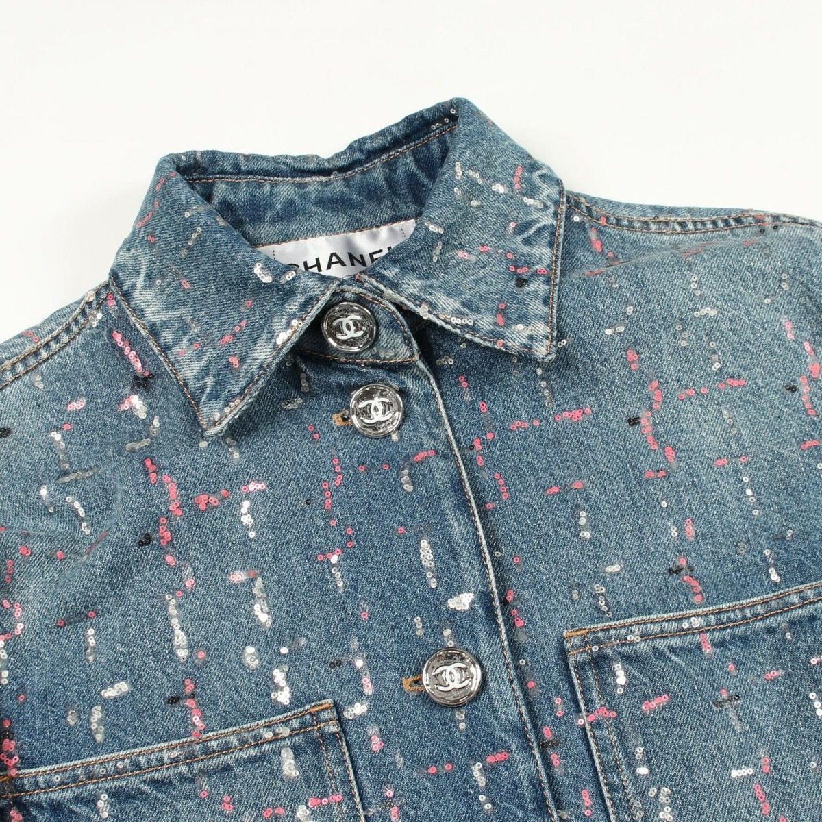 Chanel Denim Jacket CC Logo Button Sequin — view 7