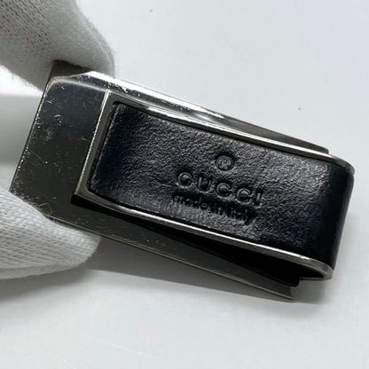 Gucci Money Clip Silver Black Excellent Condition Billfold Leather Metal